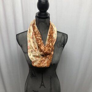 Floral Lace Infinity Scarf Brown Cream Subtle Sparkle Sheer Stretch 17.5x60 inch